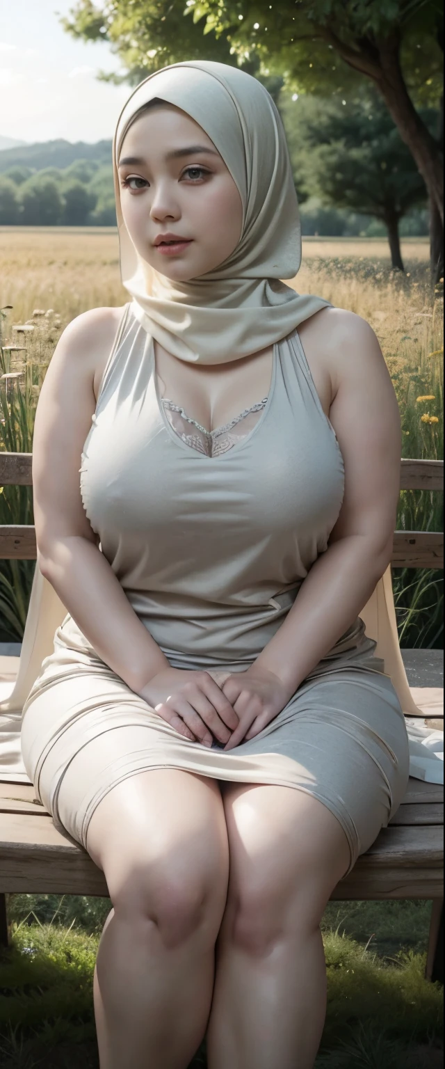 ( Close Up),RAW, Best quality, high resolution, works: 1.3), Beautiful Malay woman in hijab, Masterpiece, fit body, big breasts, beautiful big eyes, Soft smile, beautiful face, woman sitting at a table in a green meadow, traditional beauty, moment sunset, in the field, in the countryside, beautiful woman, with the sunset, wearing a soft long dress, muslim,, hijab, beautiful woman, with a beautiful appearance, a very beautiful masterpiece, a masterpiece of art, good lighting, Bright colors, Clean lines, chubby body, wide chubby hips, chubby arm, chubby massive thighs , massive cleavage , massive armpits , white armpits , armpit hair , extra-large cleavage, full body , milky white skin , open legs, armpit