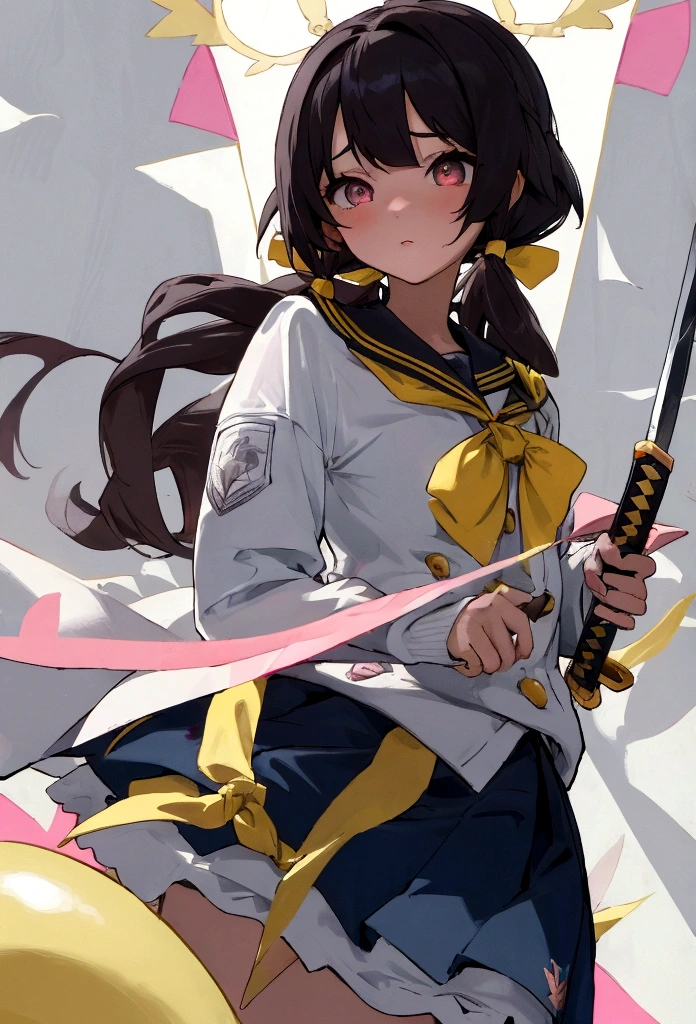 una chica anime de ojos rojos, black hair with pink highlights with small hair bow with small blue and yellow cubes decoration on the bow, en el lado derecho de la cabeza. Ella viste un uniforme escolar destrozado por un combate. Se posiciona con su katana con una mirada fiera mientras se envuelve en un aura en llamas