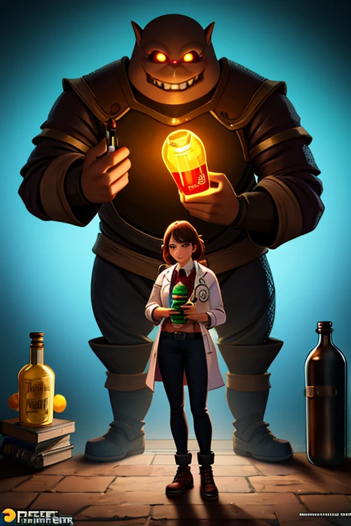 (Full Body Standing), Full Body Shot woman, Human Doctor, Fantasy Style Darkness Researcher, Holding Magic Bottle, Art Giant Golem Troll Wood Rock Greble Gem, Global Illumination Ray Tracing HDR Fan Art Artation (Sung Choi, Eric Pfeiffer, Gabriel Garza) Casper Conefal Bastion Forged Hard Mesh Lisa Frank Tubersch Centra