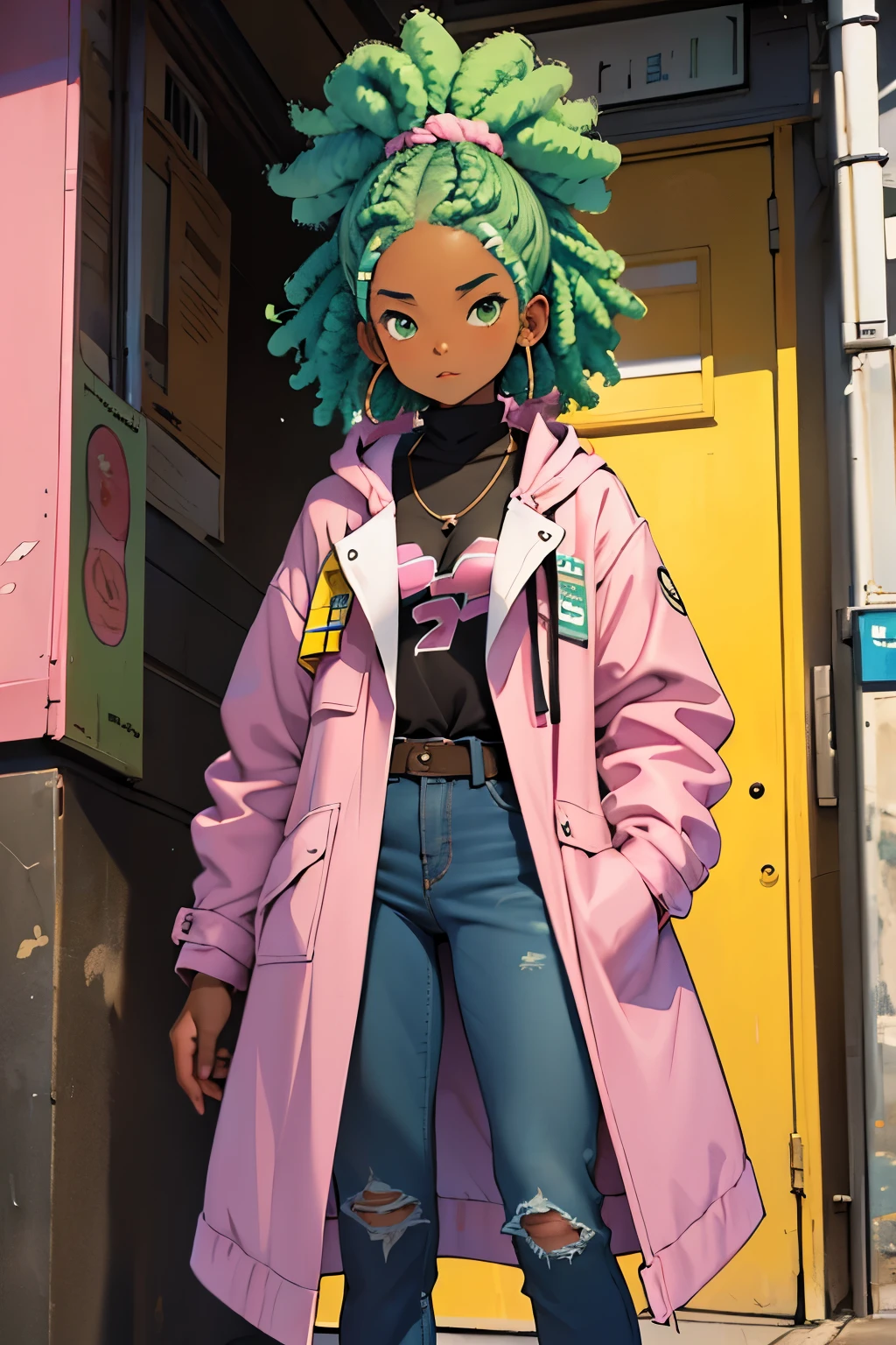 a young  afro girl, a age girl, black skin, ebony skin, with pastel green afro braids hair style, dressing a bubblegun pink cute dress and a jeans coat, a teengirl, 12 years