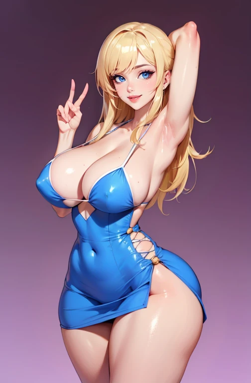 1girl, blonde hair, long hair, big lips, blue eyes, huge breasts, big smile, blush, nose blush,  background, standing, cowboy shot, hoodie, centered portrait, thick thighs, pink babydoll dress, spaghetti strap, anime, hands behind back pose, thick thighs, wide hips, narrow waist, hourglass figure, bimbo, one foot up, armpits, rufffles