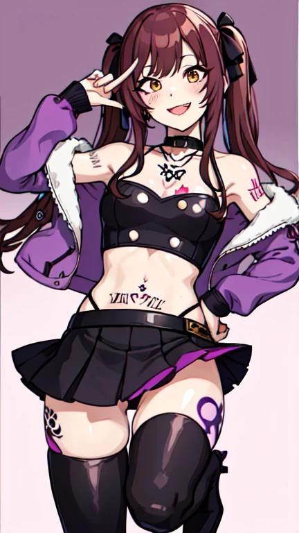 One girl, alone, osaki amana, Long Hair, Open your mouth, Manicure, jewelry, smile, Twin tails, View Viewer, belt, Brown Hair, bangs, Brown eyes, necklace, swept bangs, :d, Open top, Yellow Eyes, osaki amana, Hair Ribbon, collar, チェーンnecklace, Exposing shoulders, Cleavage, Off the shoulder, Pink jacket, Open jacket, abdomen, belt, Black Skirt, Alley, Talk to us, Talk to the viewer、smile, Open your mouth, Are standing、,{{solo,Boyish 1 Girl}} standing,,{18-year-old},Pink trench coat and leather boots} View Viewer,, Tattoo, High heels, but, belly button, smile, Purple Lipstick、Pink eyes、Grin、smile, Light Smile, anger, blush, saliva, black micro mini skirt、 Tattoo、(濃いPurple Lipstick、Purple lips)Leather Thigh Boots、Highlight the face、、(濃いPurple Lipstick、Purple lips)Purple eyes, Purple lips、Absolute area、Leather Micro Mini Skirt、Browsing Caution、Abdominal muscles、bad woman、sadistic、standing、(half:1.3), Wide Hips, Thick thighs, (Thigh Gap:1.2), Big Ass, (Shaven, (下abdomenのTattoo:1.5), (ハートのTattoo:1.5), (belly button: 1.1), (Exposing shouldersさせる: 1.1), (邪悪なsmile: 1.3), 1 girl, whole body,
