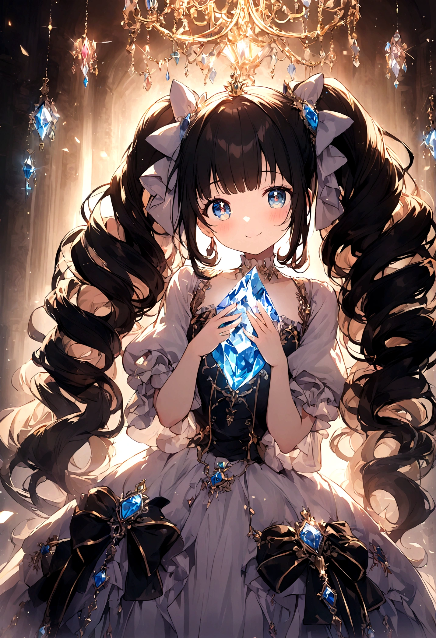 Dramatic composition, Court-style dress, Royal, nice, カスケードFrills, Frills, bow, Crystal Chandelier, Roman Curly Hairstyles, to place, Drill-like double ponytail, Looking at the camera, bangs, Maximalism, Palace-like background, Delicate depiction of hair and eyes, Princess Dress, nice skirts, Flowers in hands, smile, Starry Eyes, Cinematic Light, Extremely detailed, High resolution, Happy girl, Very long hair, diamond, broken diamond, Crystal Fragment, Particles of light
