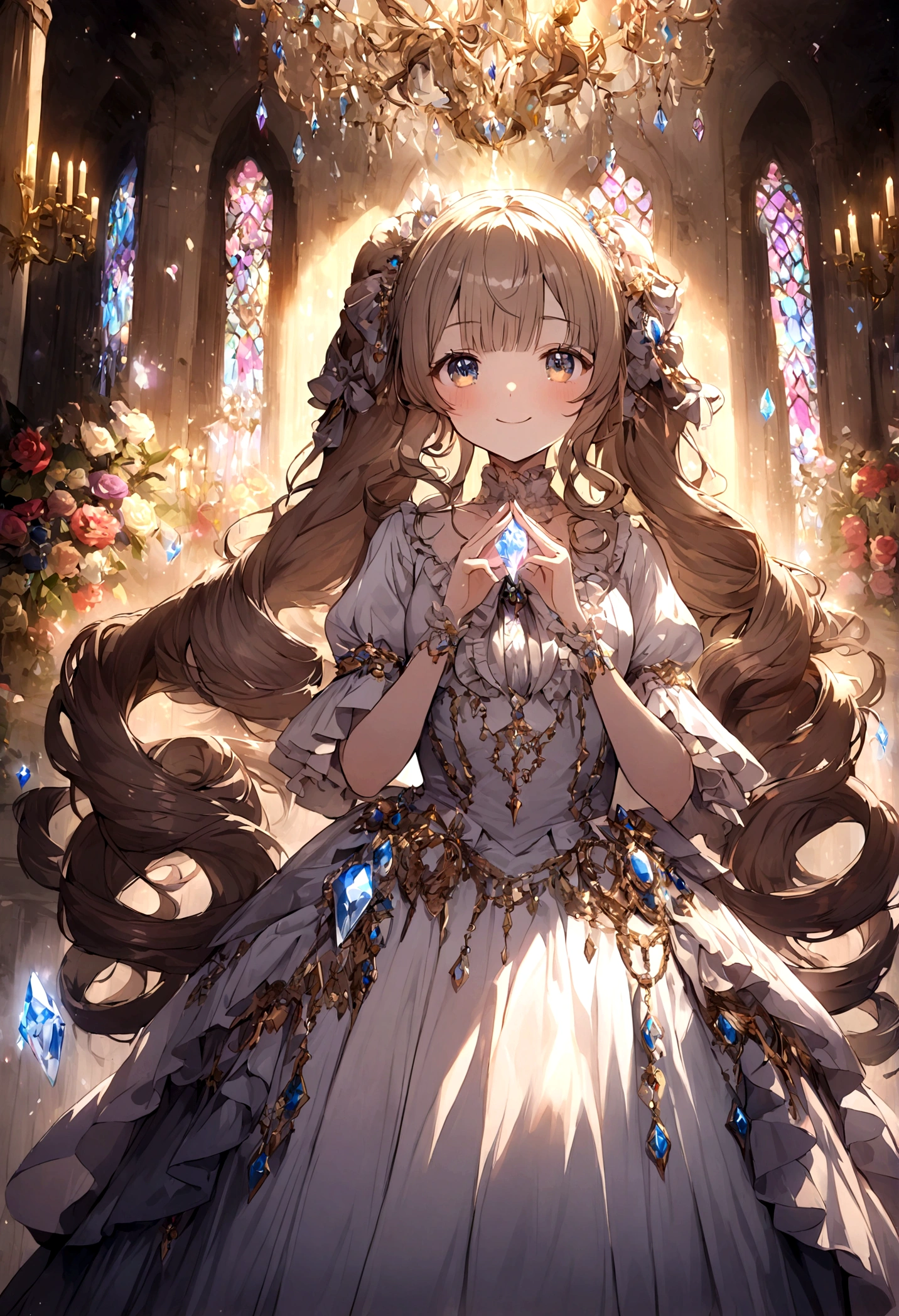 Dramatic composition, Court-style dress, Royal, nice, カスケードFrills, Frills, bow, Crystal Chandelier, Roman Curly Hairstyles, to place, Drill-like double ponytail, Looking at the camera, bangs, Maximalism, Palace-like background, Delicate depiction of hair and eyes, Princess Dress, nice skirts, Flowers in hands, smile, Starry Eyes, Cinematic Light, Extremely detailed, High resolution, Happy girl, Very long hair, diamond, broken diamond, Crystal Fragment, Particles of light
