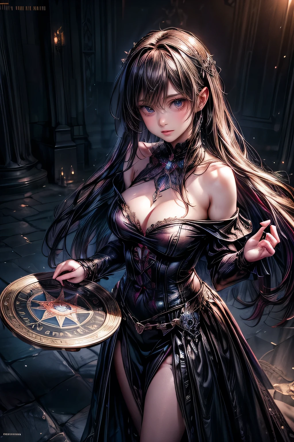 gothic style, Fantasic Illustration, Masterpiece: 1.2, Highest Quality, Highres, 16k, Beautiful Detailed, Ultra-Realistic, Photo Realistic: 1.37, Beautiful Cute witch girl with a magic wand, standing in the center of the magic circle and chanting a spell, growing eyes, shining pupils, blushed cheek, shiny rosy lips, wearing magic garment bare shoulder, delicate beautiful (hair, face, eyes, pupils, long eyelash, magic circle), cinematic angle, magical fantasy, dark fantasy, dark gothic, dramatic lighting, dramatic background, cinematic atmosphere, intricate, digital art, concept art, aboveview
