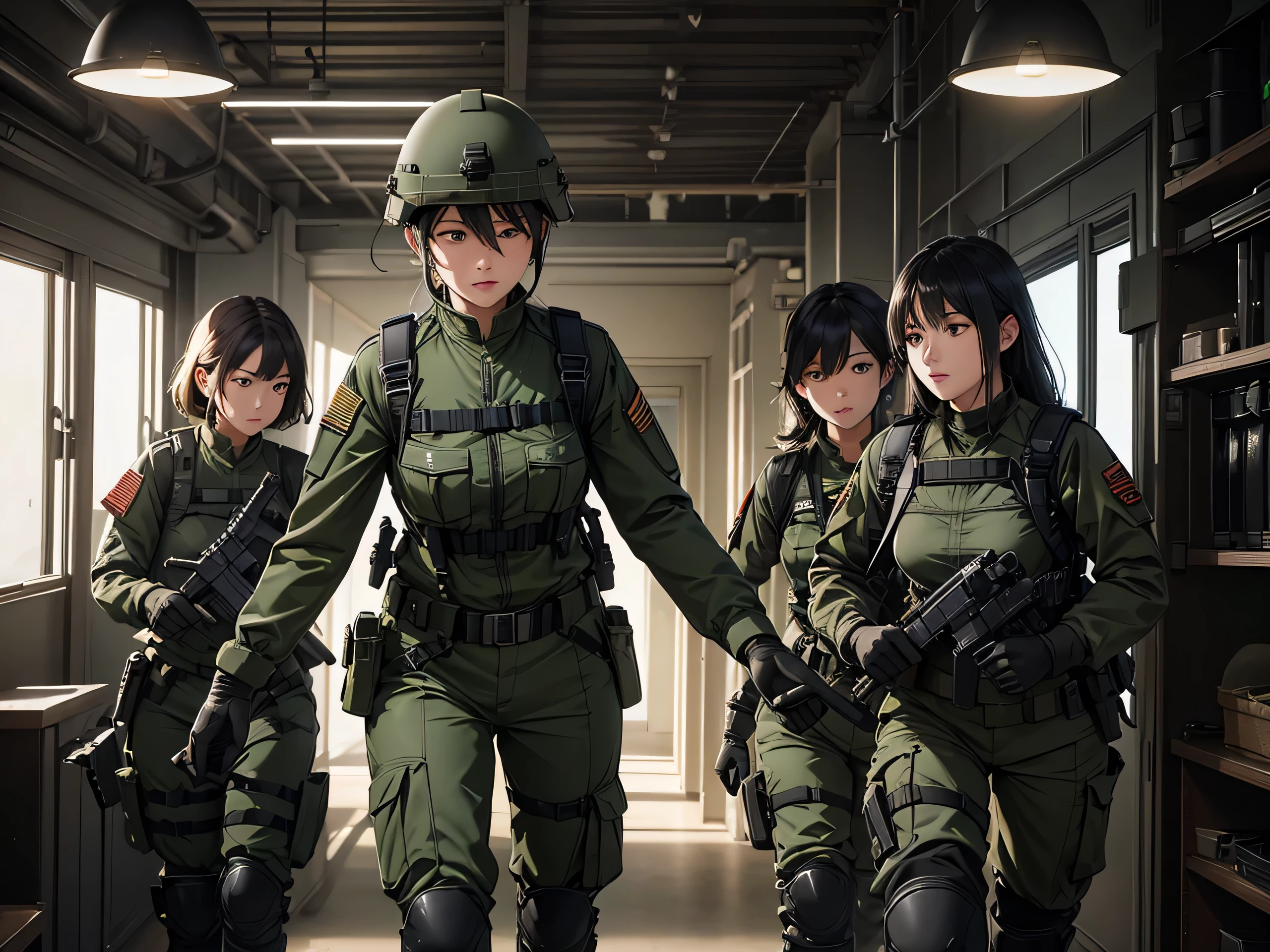 First-person perspective,Three female soldiers wearing helmets,patrol、Dark green military uniform,Military Pants、Black boots,Interior corridors,Tactical gloves,Tactical harness,Write details、masterpiece、best quality、Highly detailed CG、8K picture quality、theater lighting、lens flare