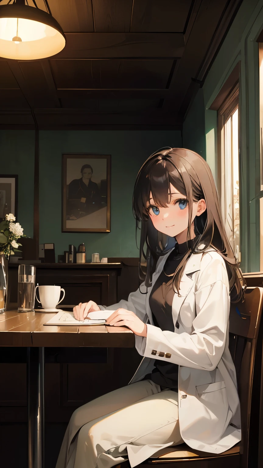 In a secret room with dim lighting and a quiet, lo-fi atmosphere resembling a cozy café or study, a young female therapist in a white coat sits on a chair, looking at you with a slight smile.