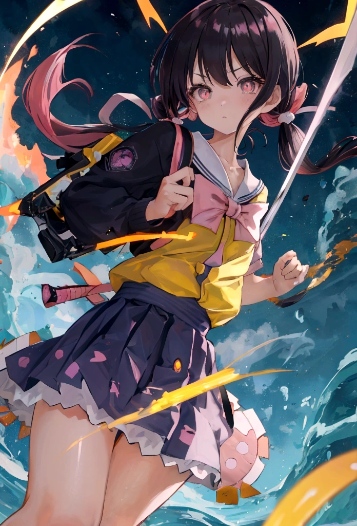 una chica anime de ojos rojos, black hair with pink highlights with small hair bow with small blue and yellow cubes decoration on the bow, en el lado derecho de la cabeza. Ella viste un uniforme escolar destrozado por un combate. He positions himself with his katana with a fierce look while enveloping himself in a flaming dragon ball-type aura.