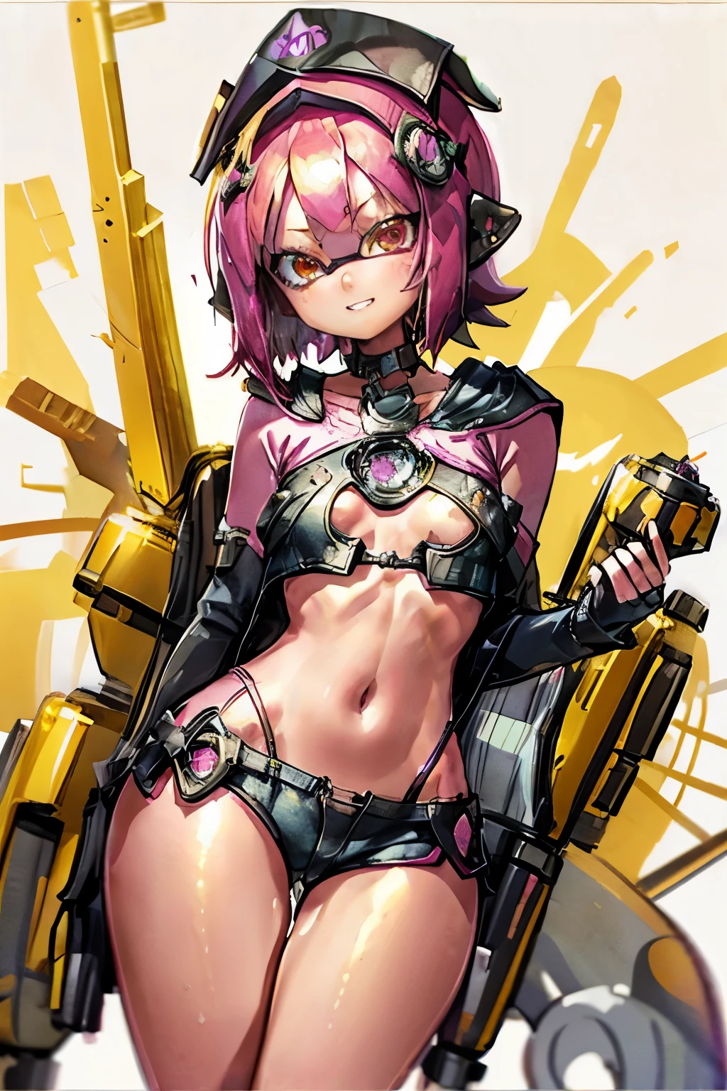 ((sketch)), (watercolor), Real Anime、3D、Splatoon Girl, Short dark pink tentacle hair, Golden Eyes, Beautiful Eyes, Pointed Ears, Detailed lips, Grin, choker, clavicle, Large Breasts, Cleavage、Wide Hips, Loose-fitting cropped hooded sweater, Under the chest, Cut jean shorts, Small shorts, Central opening, Thigh Gap, Black fingerless gloves, (White Background), Hip Dip, Thick thighs, Firm breasts