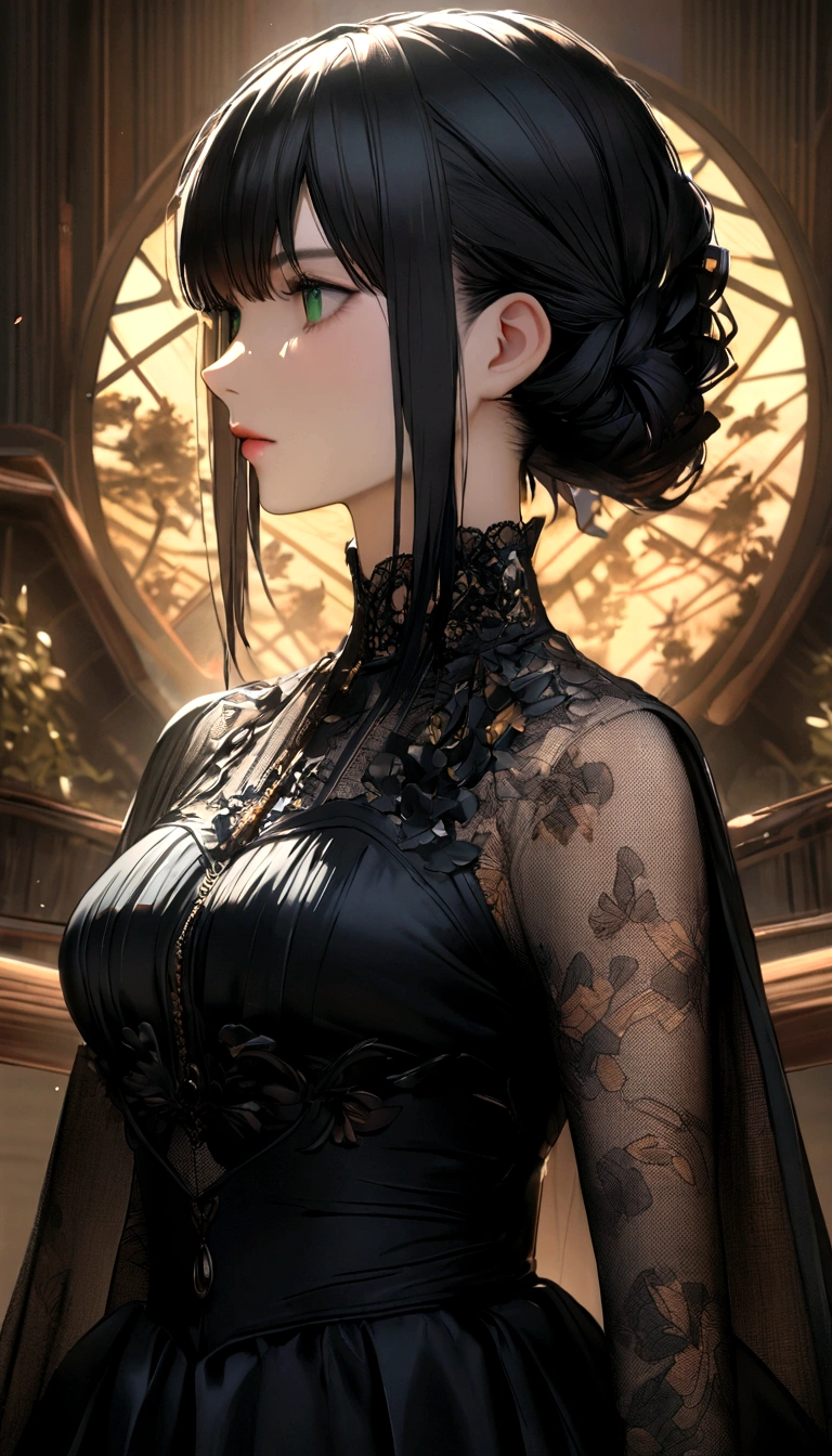 (beauty side face,girl, 23 years old,short black colored hair,green eyes,Masterpiece Narcissus),Iridescent background, (Illustration:1.2,paper art:1.2, Zentangle, 3d rendered),(Best Quality, high detal, masutepiece, Cinematic lighting, 4K, Chiaroscuro)