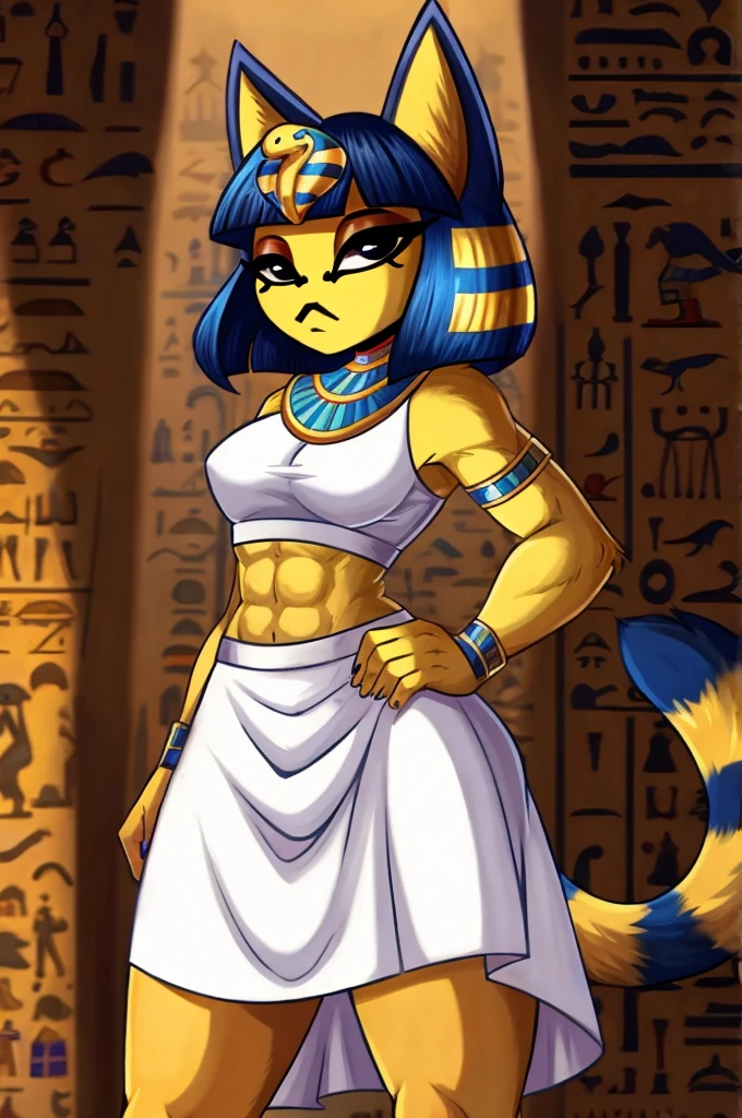 a digital artwork of ankha with abs wearing a crop top of her white sleeveless dress with white long dress skirt, a bare midriff and a bare navel, Egyptian setting, tail, blue Egyptian handbands