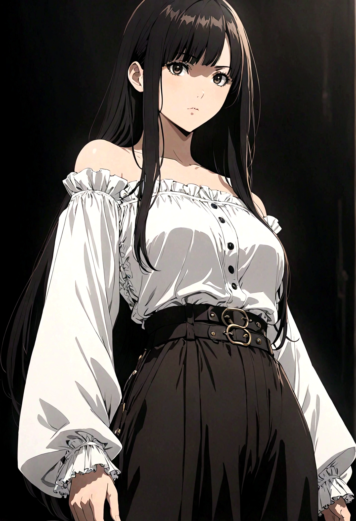 30-year-old anime woman, long black hair, serious, black eyes, wears old-fashioned clothing, black baggy pants, black boots, white blouse with long sleeves and exposed shoulders, powers of darkness, dark background.