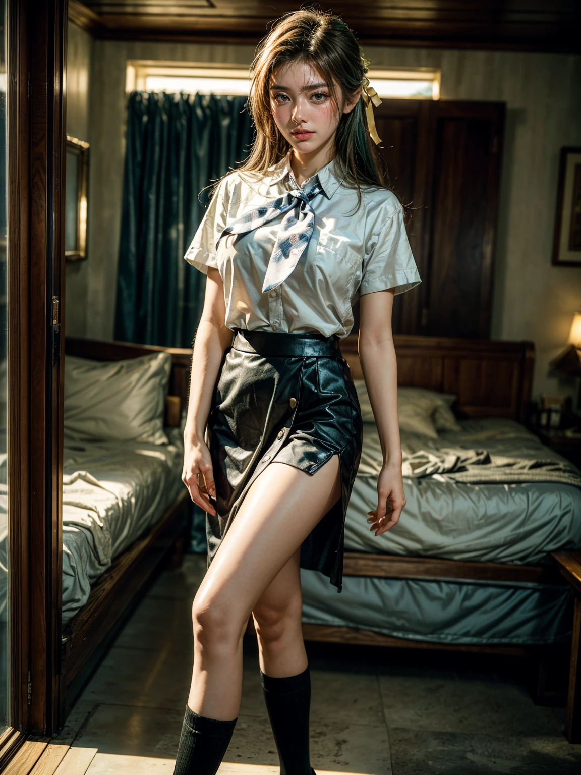 (1 lady), (Best quality at best:1.4), (ultra - detailed), (extremely detailed CG unified 16k), A Beautiful Woman with Perfect Figure: 1.4, Sharp Focus: 1.2, very detailed, High-definition RAW color photo, professional photoshooting, amazing face and eyes, cosmetics, (amazingly beautiful girl), ((Sonozaki Shion)), ((yellow ribbon, white shirt, blue necktie, blue skirt, black kneehighs)), standing, sexyposture,(Stylish urban landscape, day light), (look from down), realistic cinematic face, head to feet long wide zoomed out view, full body long view, photorealistic, ((realistic natural green hair style, green eyes, long hair)), gorgeous, extremely beautiful face, perfect model beauty, pout mouth, Highly Detailed Face and Skin Texture, Detailed Eyes, Double Eyelids, Big Breasts, Smile, cleavages, western, (masterpiece), best quality, high resolution, extremely detailed, detailed background, depth of field, cinematic lighting, amazing legs, clear and well-cared skin, (((woman occupies most of the picture)))