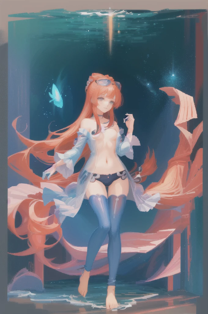 Anime girl with red hair and hat on the beach, Detailed digital anime art, Anime goddess, Beautiful full-body portrait of nano, Detailed anime character art, Popular on ArtStation pixiv, Extremely detailed Artgerm, 2.5 d CGI anime fantasy artwork, Beautiful seductive anime woman, Detailed anime artwork, (((from frontal, double view, full body, three-dimensional painting, standing, nude, nude, nude, cleavage, barefoot, The crotch gap is clearly visible, the crotch gap is clearly defined)))
