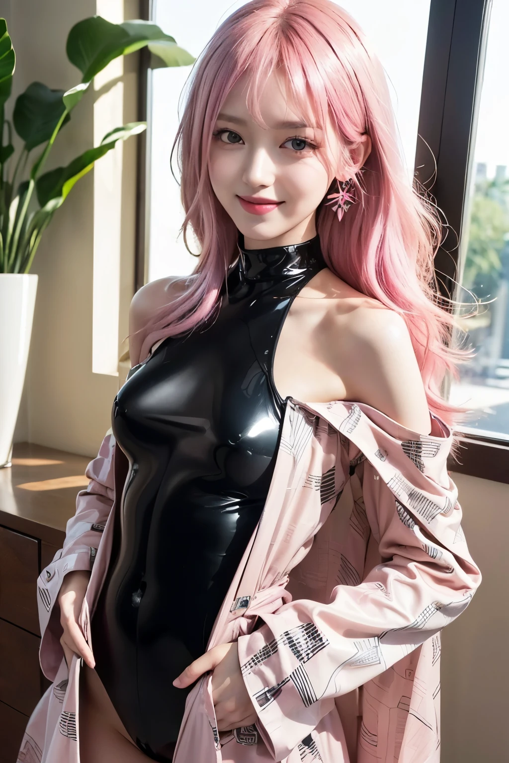 (8K, top-quality, masterpiece:1.2), (reallistic, Photorealsitic:1.37), Super Detail, One girl,), (Highly detailed), (beautifully detailed eyes), (of the highest quality), (super detailed ), (masterpiece), (Detailed face),20yr old, ,1 girl, ((pink hair,long hair)), medium breasts, clothed, Perfect Lighting, BREAK, (glossy bodysuit:1.5), (geometric patterns:1.1), (abstract prints:1.1), (stretchy fabric:1.2), (long trench coat:1.3), (off-shoulder bodysuit:1.1), (cutouts:1.1), (high-cut legs:1.1), (tight-fitting:1.2), (mesh:1.1), (bold prints:1.1), (pointy toe pumps:1.2), (statement earrings:1.1), BRAKE, (upper body:1.2), (long pink hair:1.2), (loose waves:1.1), (side-parted bangs:1.1), (smile:1.2), (cheerful:1.3), (hand facing camera:1.1), (arm on hip:1.1), (stylish room:1.3), (warm natural light:1.2), (bright walls:1.1), (modern furniture:1.1), (plants:1.1), (soft background blur:1.1)
