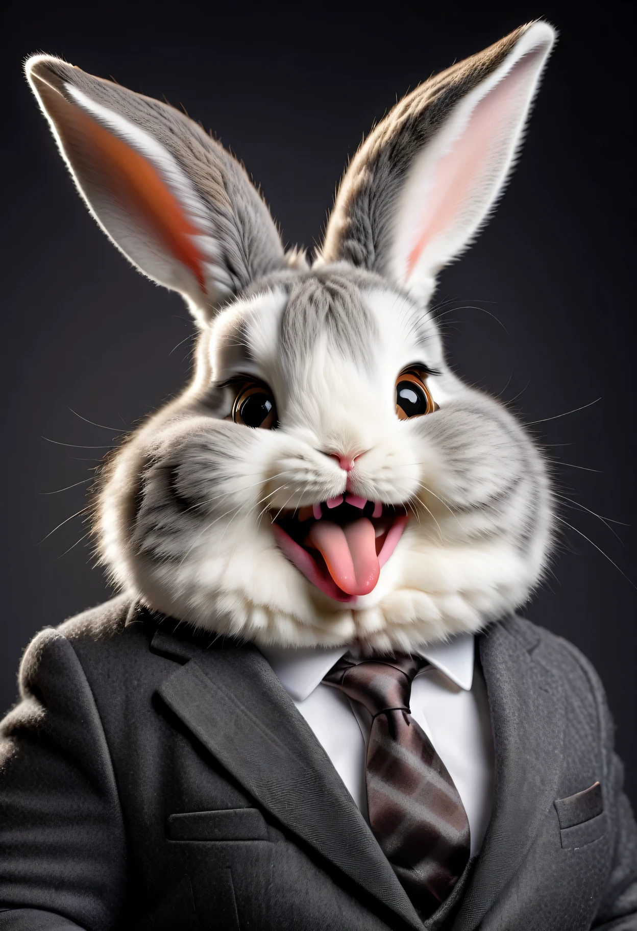 face close up photo of anthropomorphic [fat] angora rabbit,(furry), dressed in a dark gray suit, (sticking out tongue:1.5),(happy smile:1.5),(playful:1.2), soft lighting, Cinematic, hdr, primitive, Intricate, High quality, smoothing tones, Intricate details, Low contrast,(viewed from side:2.0), (looking at viwer:1.5), simple background