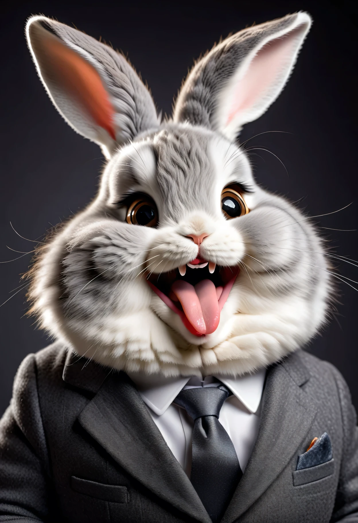 face close up photo of anthropomorphic [fat] angora rabbit,(furry), dressed in a dark gray suit, (front teeth),(sticking out tongue:1.5),(happy smile:1.5),(playful:1.2), soft lighting, Cinematic, hdr, primitive, Intricate, High quality, smoothing tones, Intricate details, Low contrast,(viewed from side:2.0), (looking at viwer:1.5), simple background
