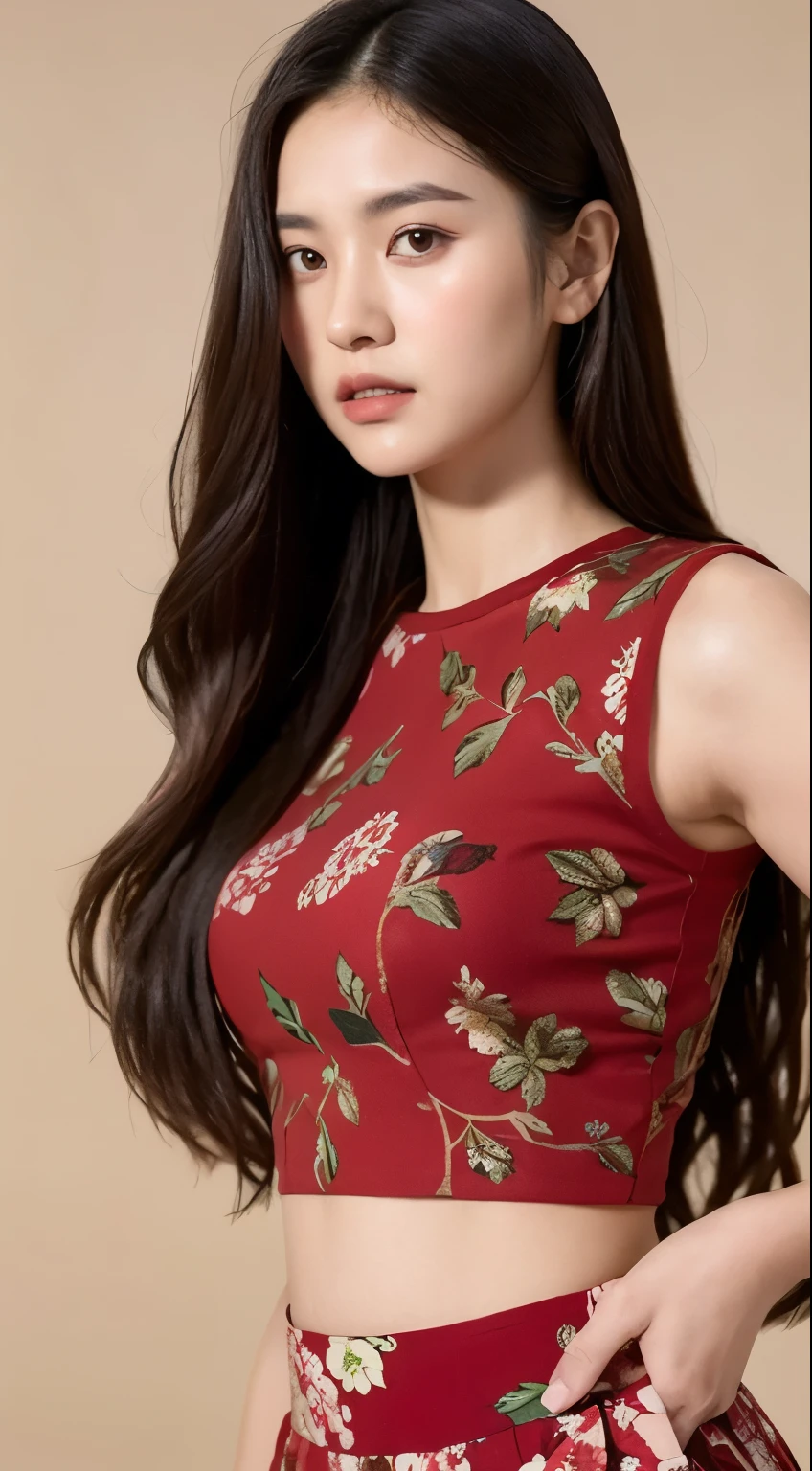 A portrait of a woman with long dark hair, wearing a red floral print crop top and a patterned skirt, standing against a blurred natural background and looking directly at the camera with an intense gaze. The image has a warm, romantic tone with the woman's striking features and stylish outfit.