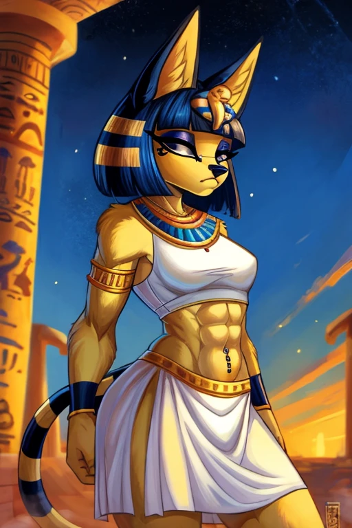 ((best quality)), ((masterpiece)), (detailed), a digital artwork of a sexy ankha with abs wearing a crop top of her white sleeveless dress outfit with white long dress skirt,  a bare midriff and a bare navel, sideview, Egypt setting, navel piercing, furry, anthro style, 