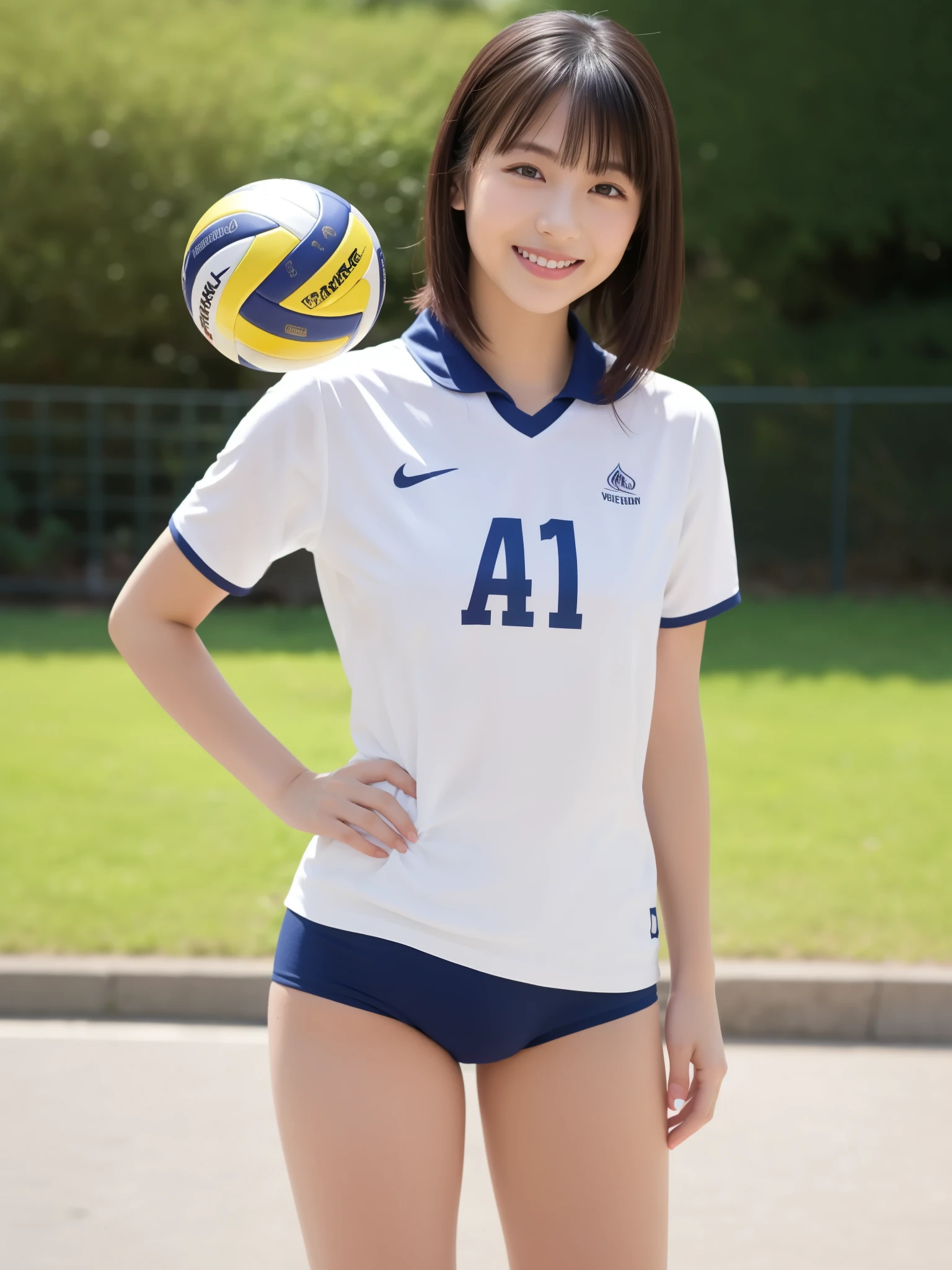 1 girl, alone, Ten generations, ********, white, cute, beautiful, wearing a volleyball uniform, navy blue and white colour on the outfit, white t-shirt, Navy blue high-leg bloomers, masterpiece, high quality, dark brown short hair, bangs, smile, sweet, sunny morning, outdoor, Stand and pose romantically, sexy, upturned butt, 