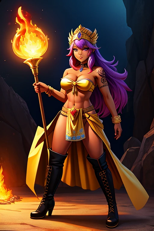 (Detailed face:1.2), (Detailed eyes:1.2), (Full Body Standing), Full Body Shot woman, Human Sorceress, Fantasy Style Darkness Researcher, solo, 1girl, 25 year old woman, (Dark Skin:1.4), Purple eyes, Purple Hair, Pink Hair, Long Hair, covered in tattoos, (Wearing: strapless top, loincloth, golden bracelets, golden head piece, knee high boots:1.2), Global Illumination Ray Tracing HDR Fan Art Artation (Sung Choi, Eric Pfeiffer, Gabriel Garza) Casper Conefal Bastion Forged Hard Mesh Lisa Frank Tubersch Centra