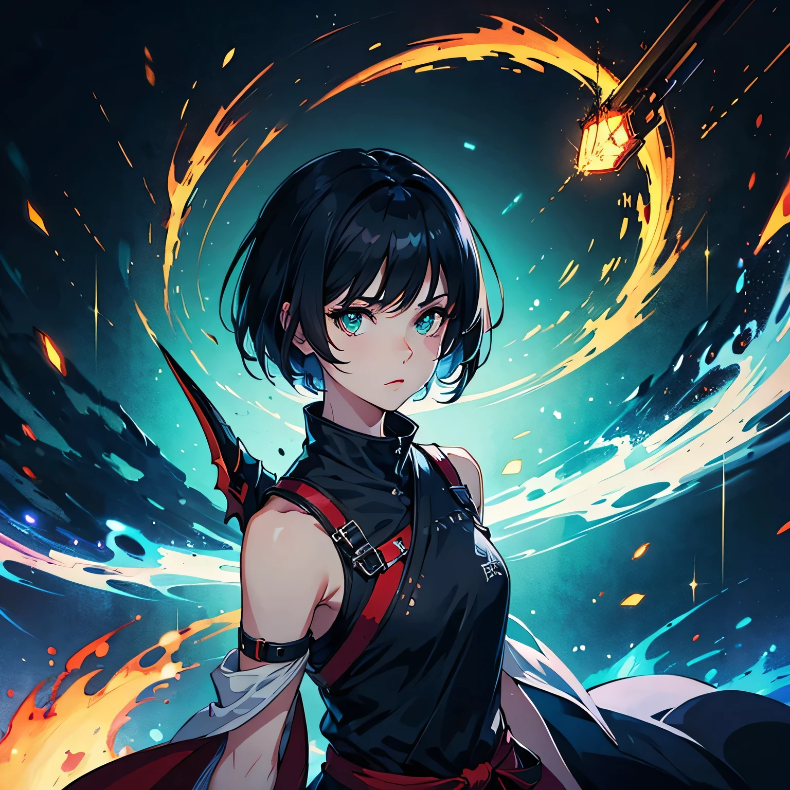 cute girl, looking down stare, short black hair, bangs, green eyes, dragon horn, focus face, rpg, cyber style, ninja, silverwings in back, night background