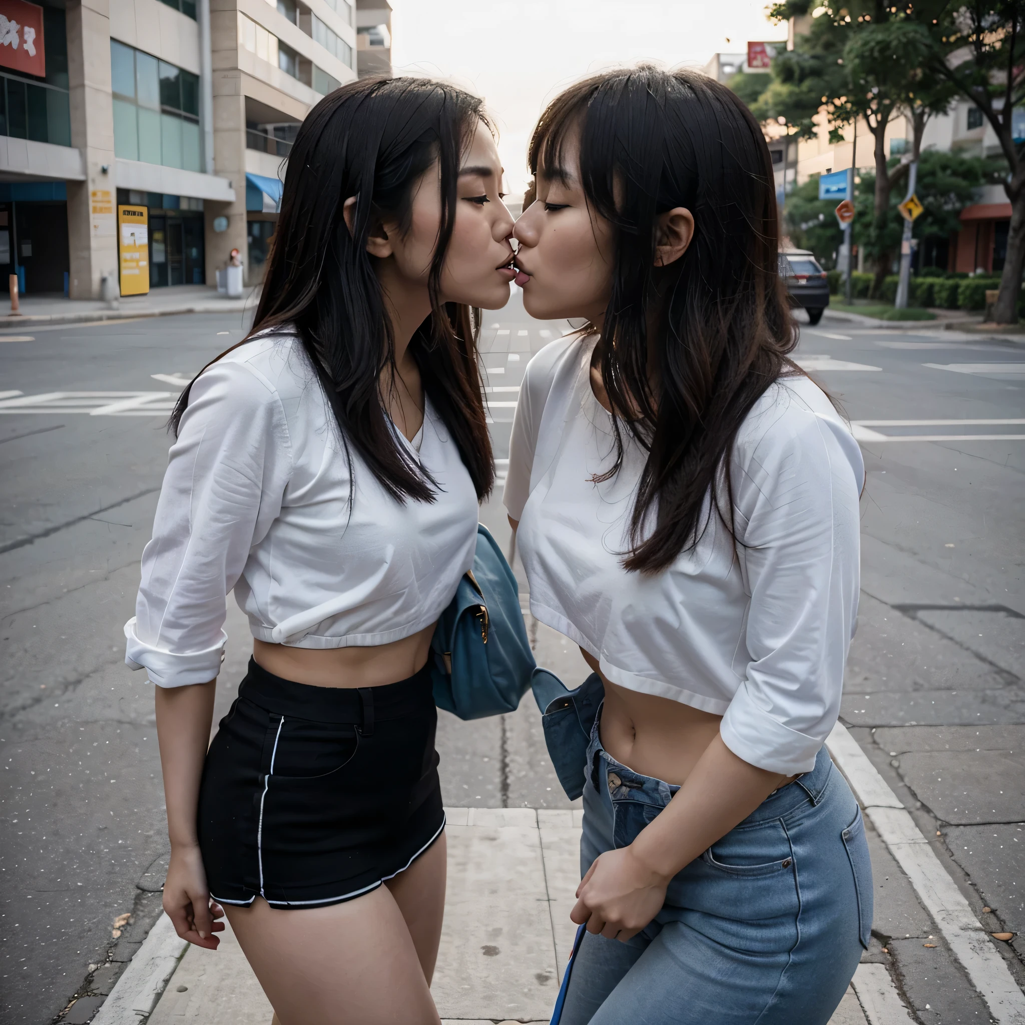 Two asian women kissing each other in a parking lot