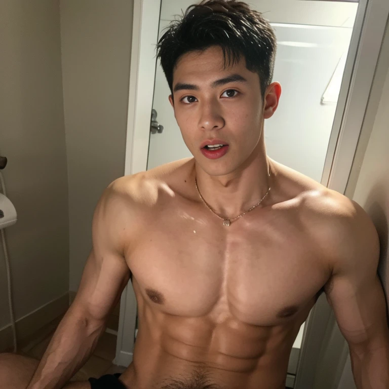 arafed man with a big uncuted cock in a bathroom, asian male, south korean male, twink, half man half asian black bull, asian man, full body pov, half asian, smooth waxy skin, happy with his mouth open, pov photo, strong facial features, mid-shot of a hunky , facial cum on full face, big penis outside mouth