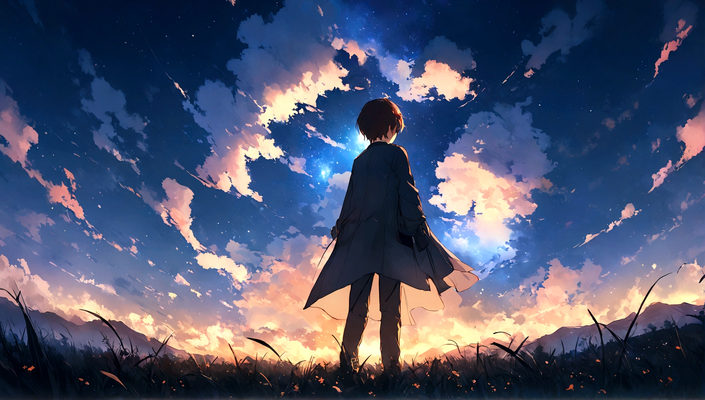 City of night、The sky is wonderful、3 year old little boy、Brown Hair、Back view、The city is bright with streetlights、Landscape Main、highest quality、Anime Scenery、Xin Haichen、Field、110207, distant 3 year old little boy staring at the performer,(Zoom out:1.1)、(yourname、Low Angle、From behind、Alola、Standing in the Field、highest quality、masterpiece、cloud、colorful、Starry Sky、performer、