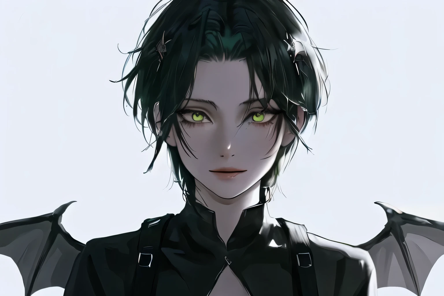 1girl, portrait, solo, lips, female focus, down stare, black green hair, short hair, perfect smile, green eyes, realist novel cover. Standing on neon background, has iron wings, with dragon horn