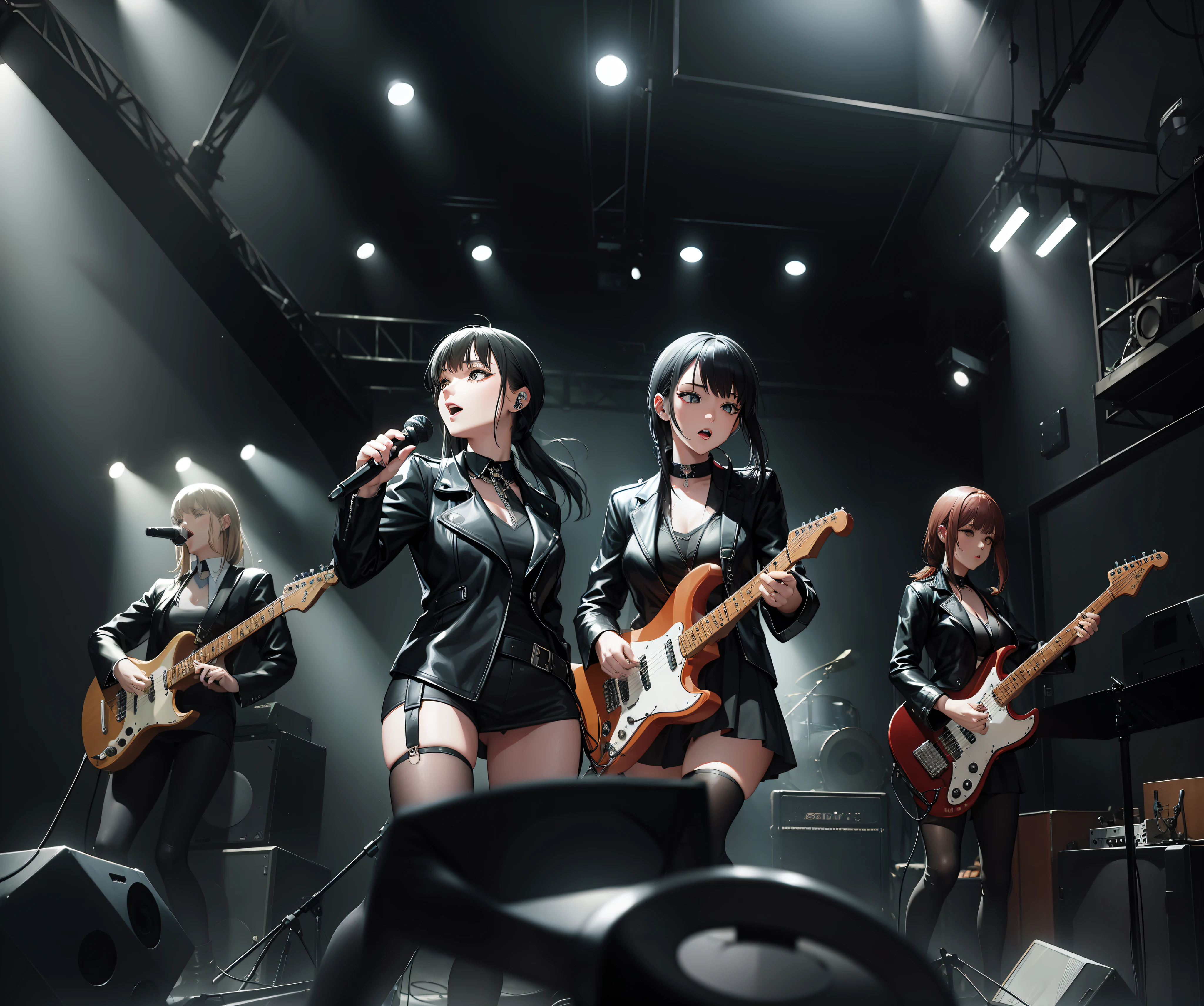Music band, rock style, cool style, black uniform, vocal girl sexy, concert banner