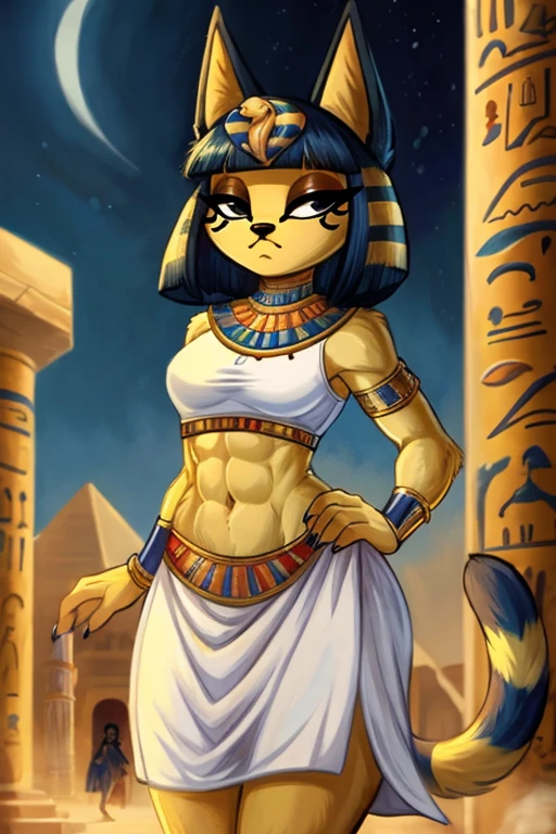 ((best quality)), ((masterpiece)), (detailed), a digital artwork of ankha with abs wearing a crop top of her white sleeveless dress with white long dress skirt, a bare midriff and a bare navel, Egyptian setting, tail, blue Egyptian handbands, furry, anthro style,