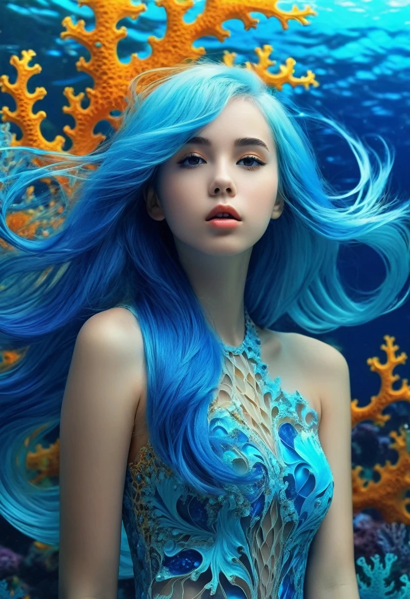 8K, 1girl, high color, gorgeous, (fractal art 1.8), pout, youth, blue hair, deep under the sea, gorgeous, dynamic, visual impact, hands in pockets, (waves on the lens 1.5)
