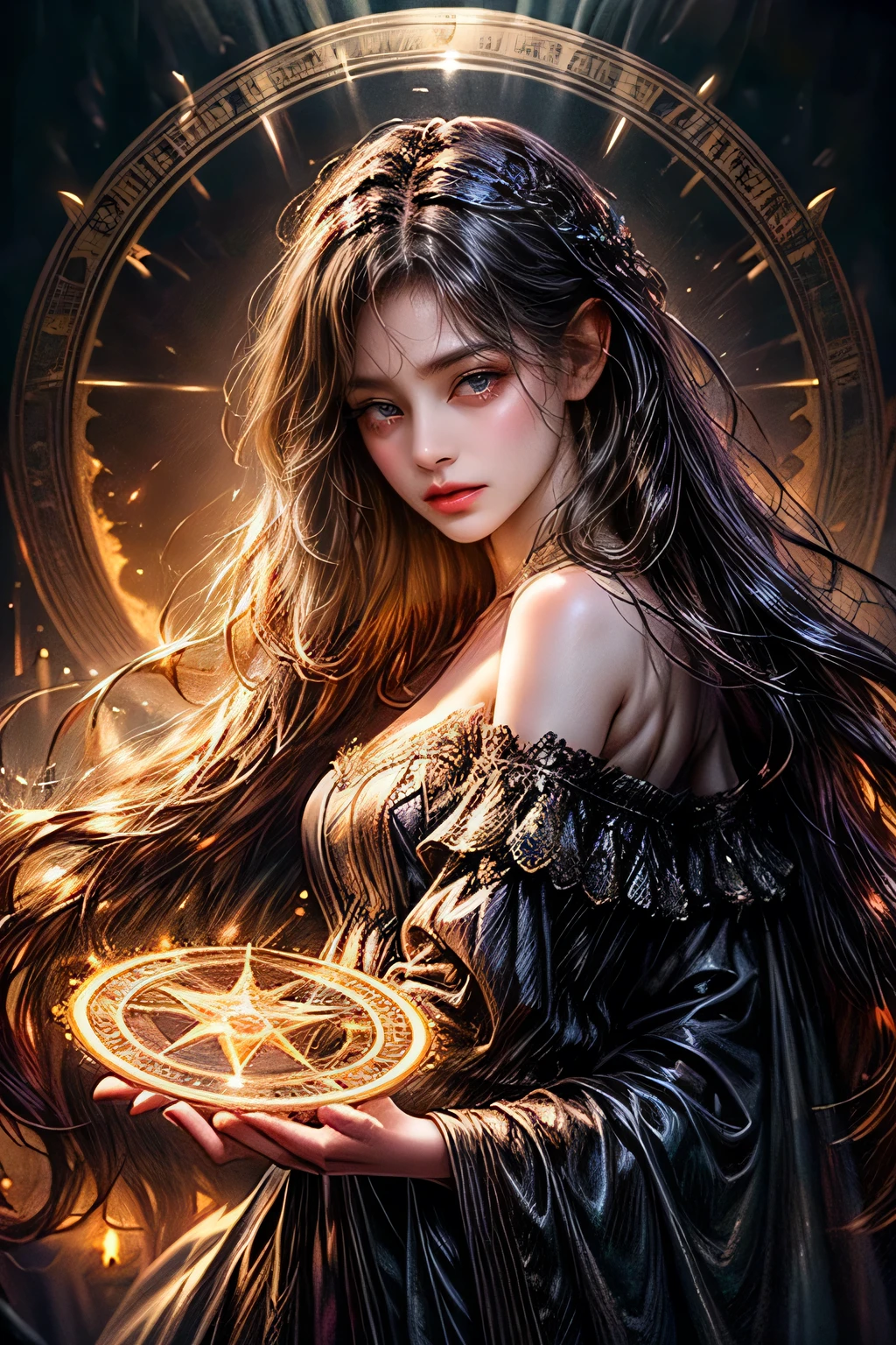 gothic style, Fantasic Illustration, Masterpiece: 1.2, Highest Quality, Highres, 16k, Beautiful Detailed, Ultra-Realistic, Photo Realistic: 1.37, Beautiful Cute witch girl with a magic wand, standing in the center of the magic circle and chanting a spell, growing eyes, shining pupils, blushed cheek, shiny rosy lips, wearing magic garment bare shoulder, delicate beautiful (hair, face, eyes, pupils, long eyelash, magic circle), cinematic angle, magical fantasy, dark fantasy, dark gothic, dramatic lighting, dramatic background, cinematic atmosphere, intricate, digital art, concept art, backview