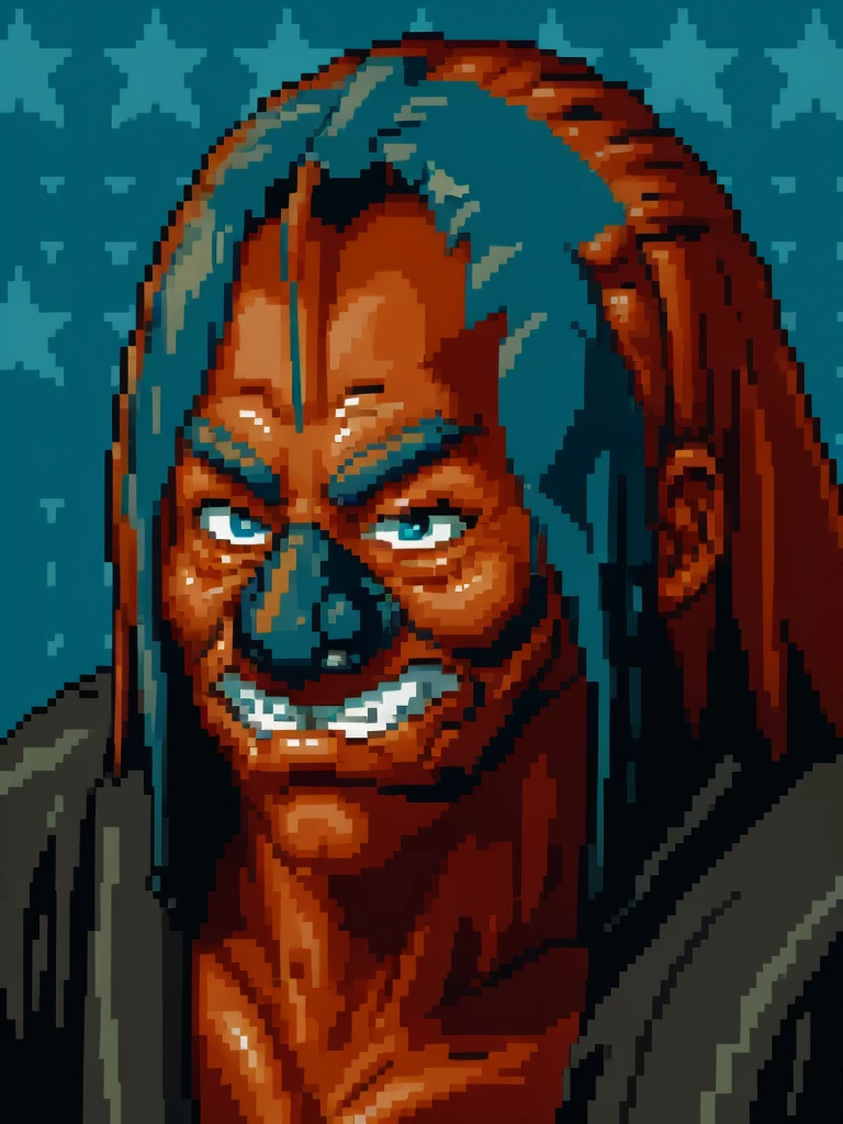 a hyper-realistic, 8k digital painting of a demonic creature with long, intricate hair, a haunting and unsettling facial expression, sharp facial features, piercing eyes of different colors and sizes, edges of the face disappearing into wires and tubes, a gas mask with massive air intakes, set against a dirty, grunge-textured cyan background, (best quality,4k,8k,highres,masterpiece:1.2),ultra-detailed,(realistic,photorealistic,photo-realistic:1.37),portrait of a man holding a bolt in his mouth, close-up of a person with mismatched eyes, one eye closed, cyan eye, orange eye, man's face with spiky implants instead of hair and blue eyes in front of a grunge background, edges of his face disappearing turning into wires, horrifying implants on the top of his head, in the style of AIDA_ColGruBioMec, (artwork by AIDA_ColGruBioMec:1.3), (in style of H.R.Giger:1.1)