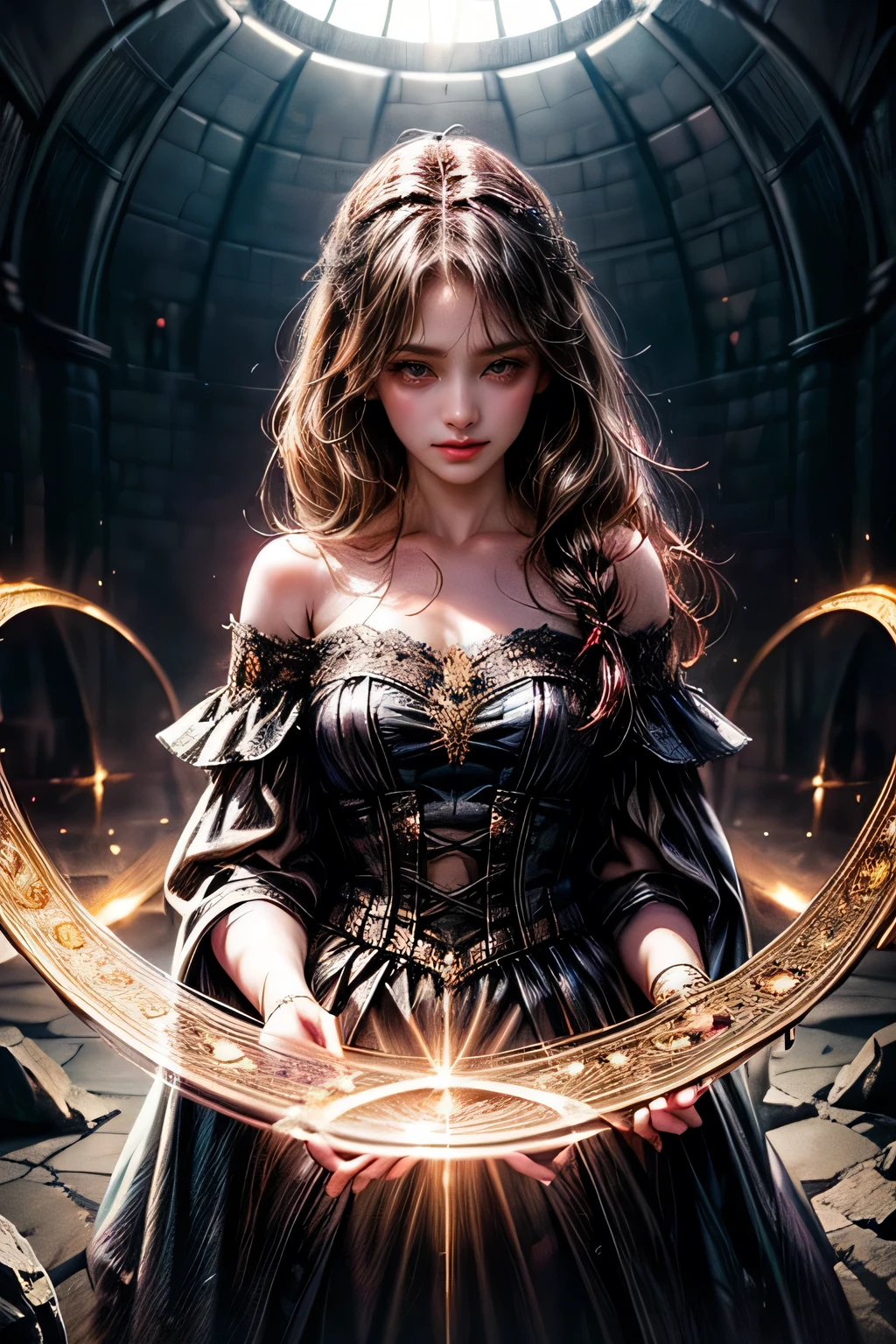 gothic style, Fantasic Illustration, Masterpiece: 1.2, Highest Quality, Highres, 16k, Beautiful Detailed, Ultra-Realistic, Photo Realistic: 1.37, Beautiful Cute witch girl with a magic wand, standing in the center of the magic circle and chanting a spell, growing eyes, shining pupils, blushed cheek, shiny rosy lips, wearing magic garment bare shoulder, delicate beautiful (hair, face, eyes, pupils, long eyelash, magic circle), cinematic angle, magical fantasy, dark fantasy, dark gothic, dramatic lighting, dramatic background, cinematic atmosphere, intricate, digital art, concept art, backview
