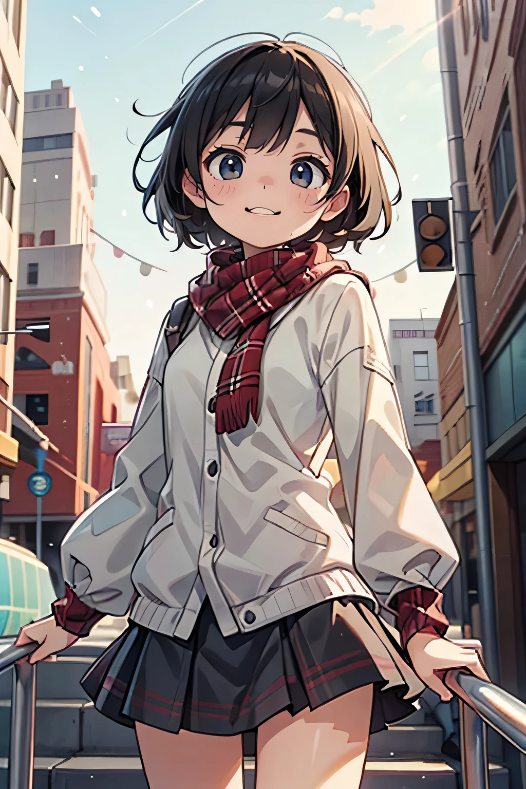 (morning), One girl, solo, Looking at the audience, winter, Cowboy Shot, (Downtown), Cowboy Shot, smile, Black Hair