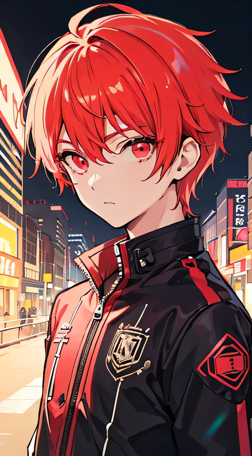 1 boy , male, glowing red eyes, colourful glowing red hair, wearing sci-fi jacket, anime style, high detail, Futurism, glowing light, UHD, retina, masterpiece, ccurate, anatomically correct, textured skin, super detail, high details, high quality, award winning, best quality, highres