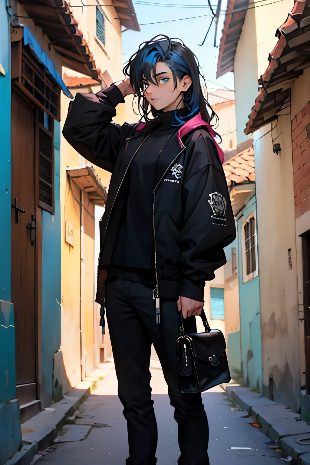 a teenage boy with 16 years old and ombre brown blue hair and goth clothes in a brazilian old town city