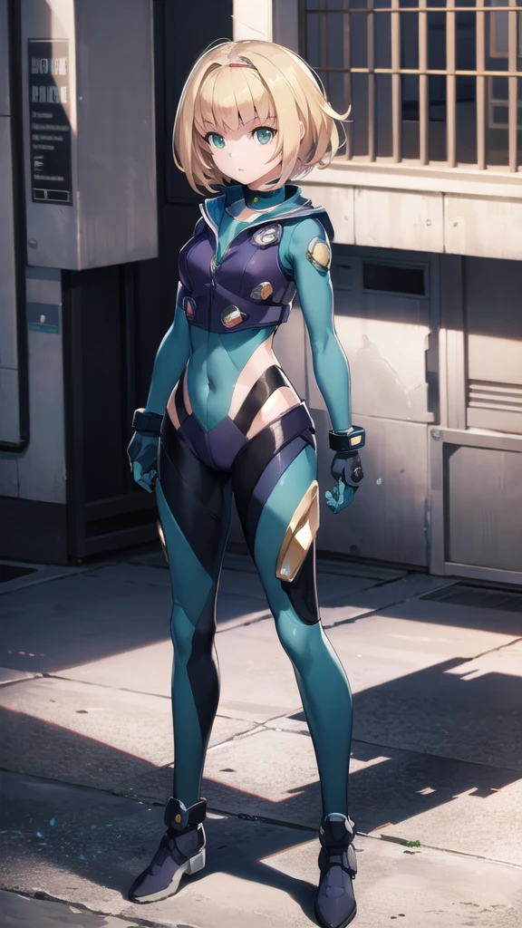 (full body),Milinda Brantini, Milinda Brantini, short hair, Blonde Hair, (Green Eyes:1.5), hair band,
break gloves, Best, Bodysuits, Covered navel, Fits perfectly to the skin,
break looking at viewer,
break outdoors, city,,
break (masterpiece:1.2), highest quality, High resolution, unity 8k wallpaper, (figure:0.8), (Beautiful fine details:1.6), Highly detailed face, Perfect lighting, Highly detailed CG, (Perfect hands, Perfect Anatomy),