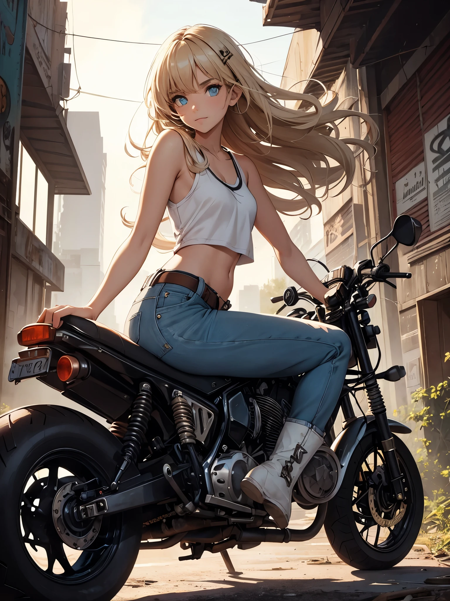 masterpiece, best quality,cowboy shot,1girl,(watercolor painting):1.2,pencil sketch,BREAK,18 years old, (cyan eyes):1.2,( long hair, strait hair,blond hair),BREAK White tank top,denim shorts, fingerless gloves, Work boots,Hip Hop, Punk Look, Chain,small smile,BREAKA photorealistic image of a young girl, Eliana, about 18 years old, (riding her vintage 1970s-style black motorcycle), through the ruins of an abandoned city at dusk. The scene captures her in a cowboy shot, riding intently through the decaying urban landscape. The ruins are filled with crumbled buildings, overgrown vegetation, and scattered debris, BREAKmasterpiece, best quality, ultra detailed, highres,4k,