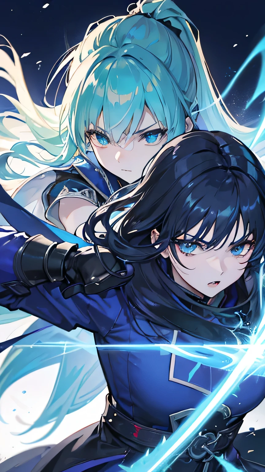 (best quality,4k,8K,High resolution,masterpiece:1.2),Extremely detailed,(Practical,photoPractical,photo-Practical:1.37),anime girl fighting her enemies, green hair, green eyes, Dark sinister background, Fierce fighting scenes, Dynamic poses, Vibrant colors, glowing magical effects, Ethereal atmosphere, Clear focus, Anime style, Intense Action, strong emotions, resolute determination, Vivid blue color scheme, Dramatic Lighting, Dangerous Shadows, Detailed facial expressions, Flowing hair, Fantasy setting, Supernatural powers, epic confrontation, High-speed movement, contrasting elements, dynamic composition, Close eye contact, Menacing momentum, dramatic perspective, Powerful explosion of energy, smoky, fierce battle cry, Crackling Lightning, Samurai sword, adrenaline rush.