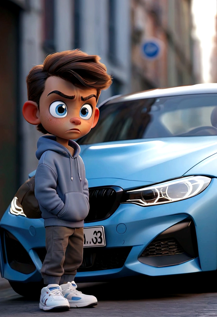A boy looking for a blue BMW, m3 g80 in the city.