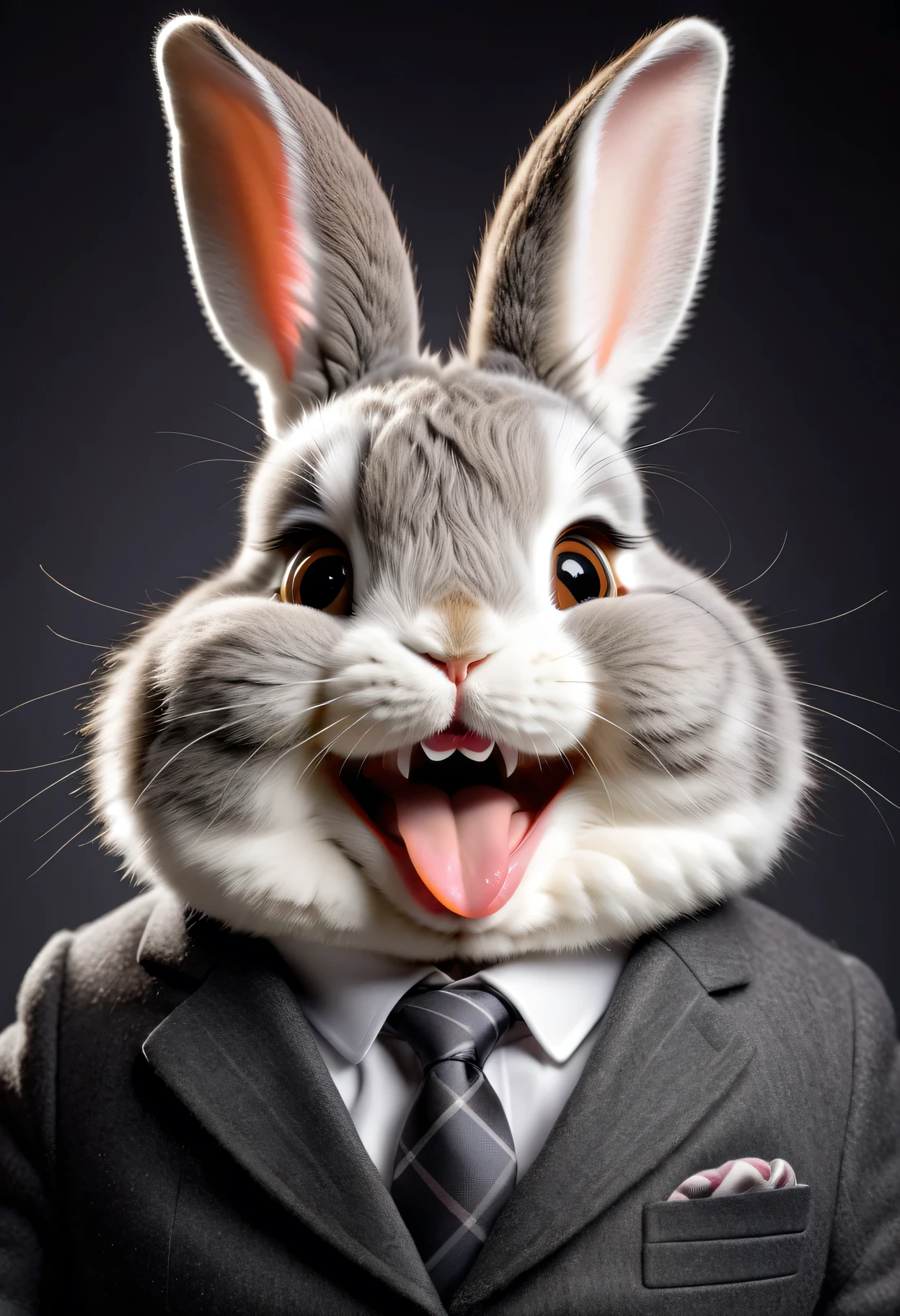 face close up photo of anthropomorphic [fat] angora rabbit,(furry), dressed in a dark gray suit, (rabbit's front teeth),(sticking out tongue:1.5),(happy smile:1.5),(playful:1.2), soft lighting, Cinematic, hdr, primitive, Intricate, High quality, smoothing tones, Intricate details, Low contrast,(viewed from side:2.0), (looking at viwer:1.5), simple background