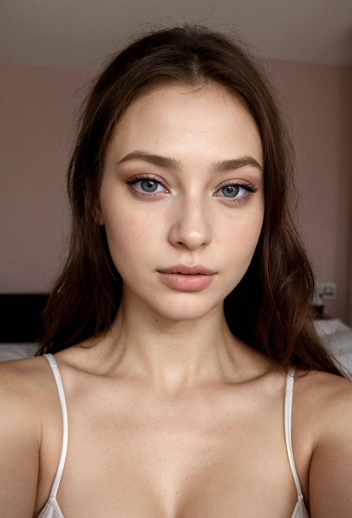 Arafed Women's Complete, fille sexy aux yeux bleus, , ultra realistic, Meticulously detailed, Portrait de Sophie Mudd, cheveux blonds et grands yeux, Selfie d'une jeune femme, Augen dans la chambre, violette myers, sans maquillage, maquillage naturel, Regarder directement dans la caméra, Artgramme du visage, maquillage subtil, Photo impressionnante de tout le corps agenouillé sur le lit, dans la chambre, Poitrine moyenne et grande, pour que le visage soit clairement visible, portrait