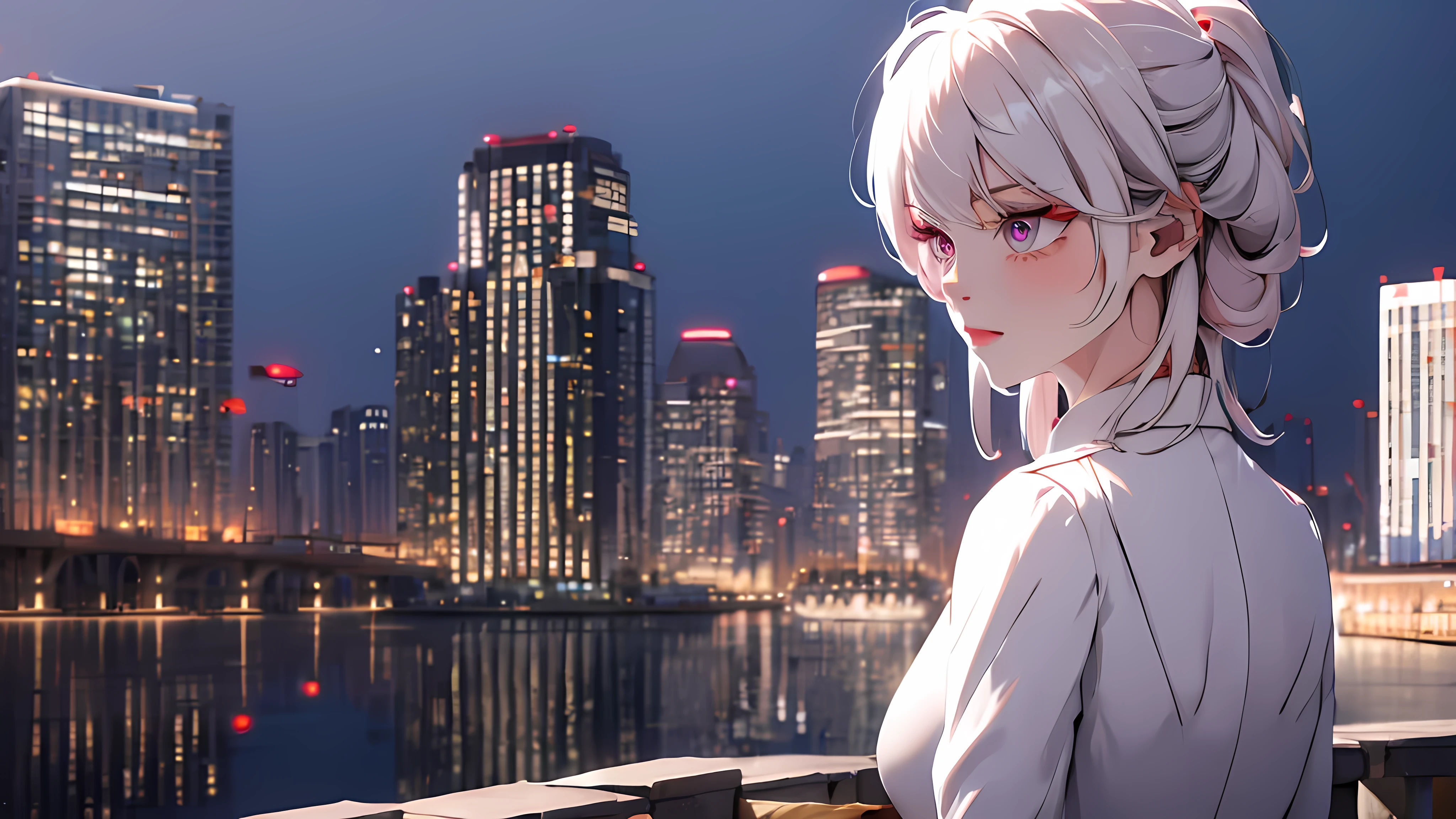 1 girl, medium light white hair, light pink eyes, wearing black suit, city, absurdres, high res, ultrasharp, 8K, masterpiece, looking from behind