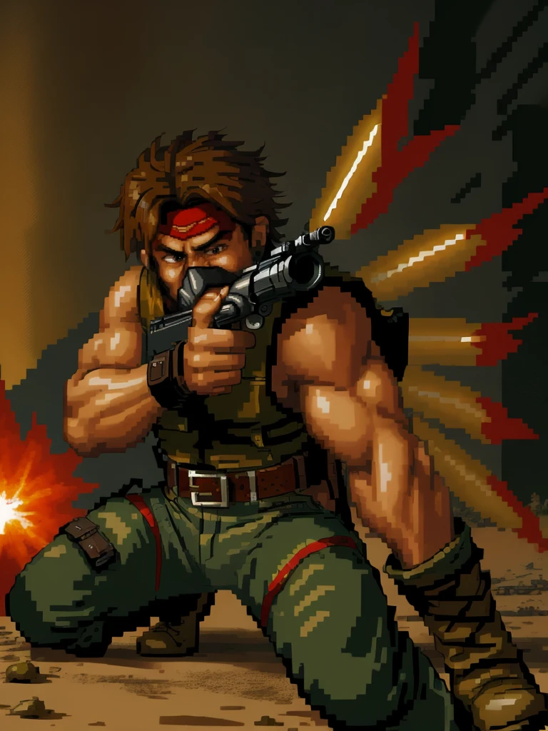 male focus, mercenary, brown hair, hazel eyes, bullet belt, combat boots, red bandana, aiming and firing an assault rifle, angry, screaming, rifle shell casings, war zone, muzzle flash