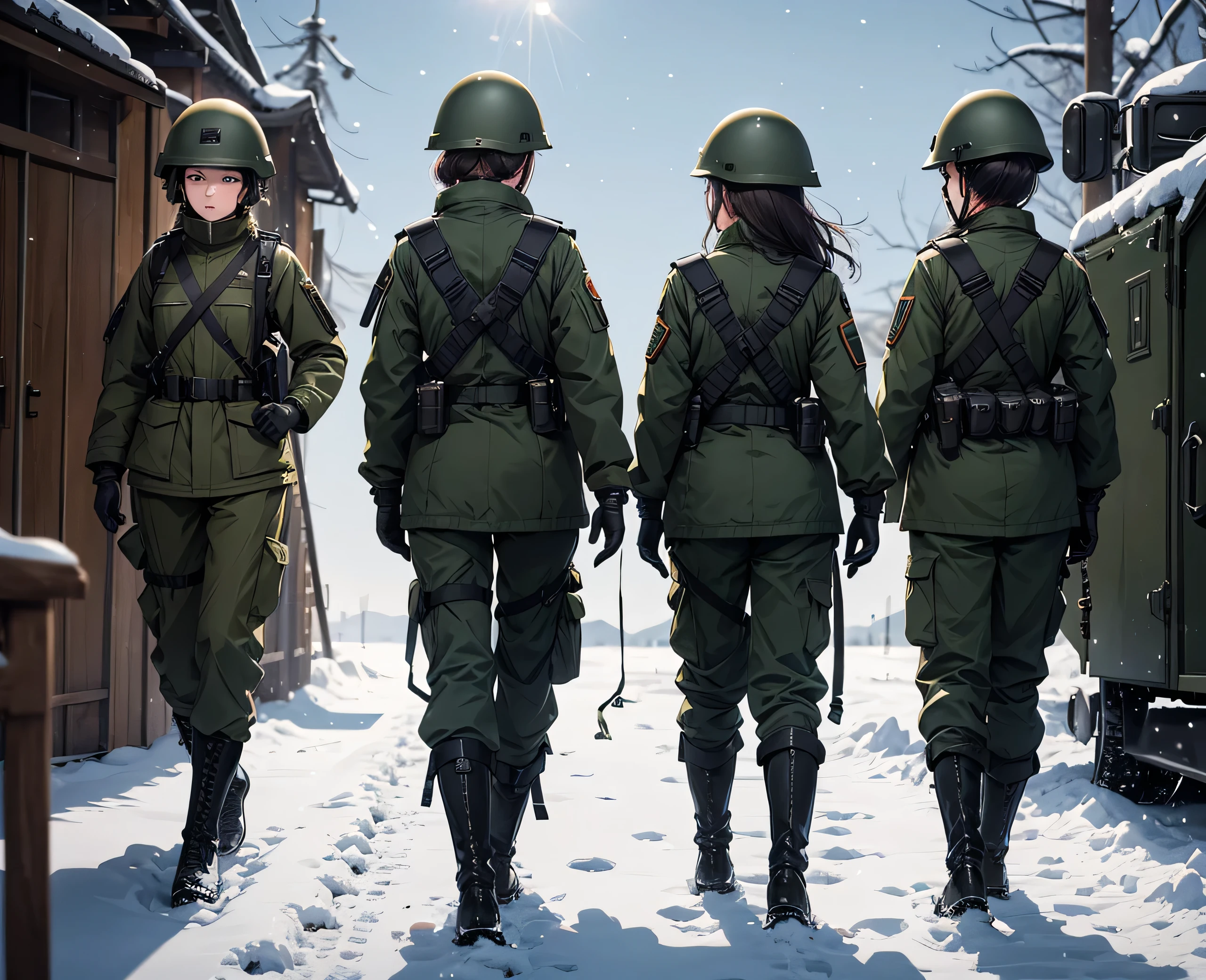 View from behind，Three female soldiers wearing helmets，Dark green M.51 military coat，Military Pants、Black boots，Snowy military camp，Tactical gloves，Tactical harness，Write details、masterpiece、best quality、Highly detailed CG、8K picture quality、theater lighting、lens flare