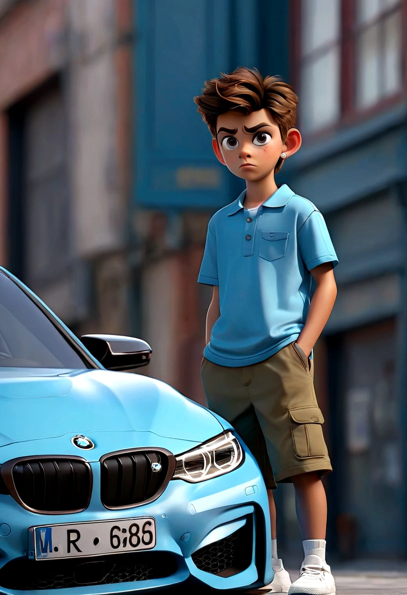 A boy looking for a blue BMW, m3 g80 in the city.