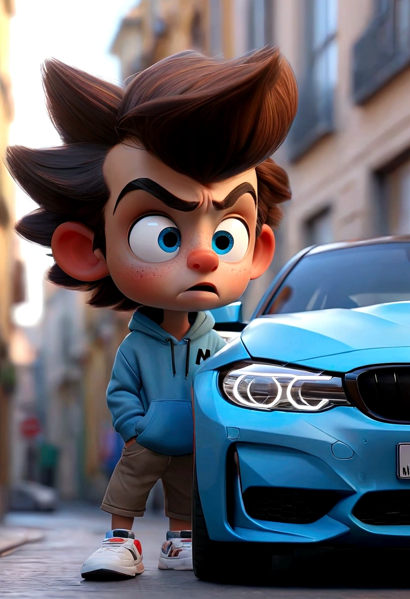A boy looking for a blue BMW, m3 g80 in the city.